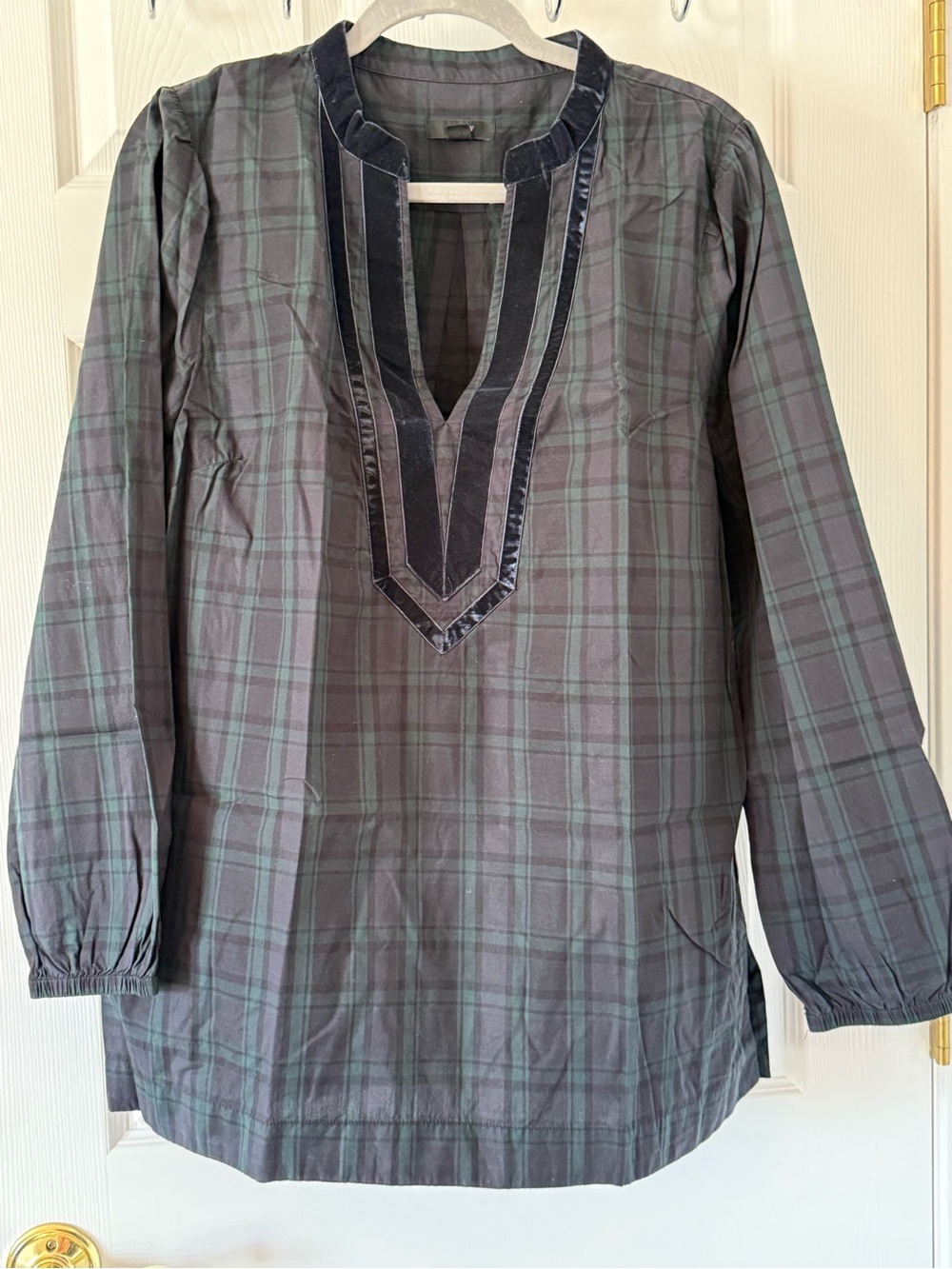 J Crew Plaid Tunic with Velvet Trim